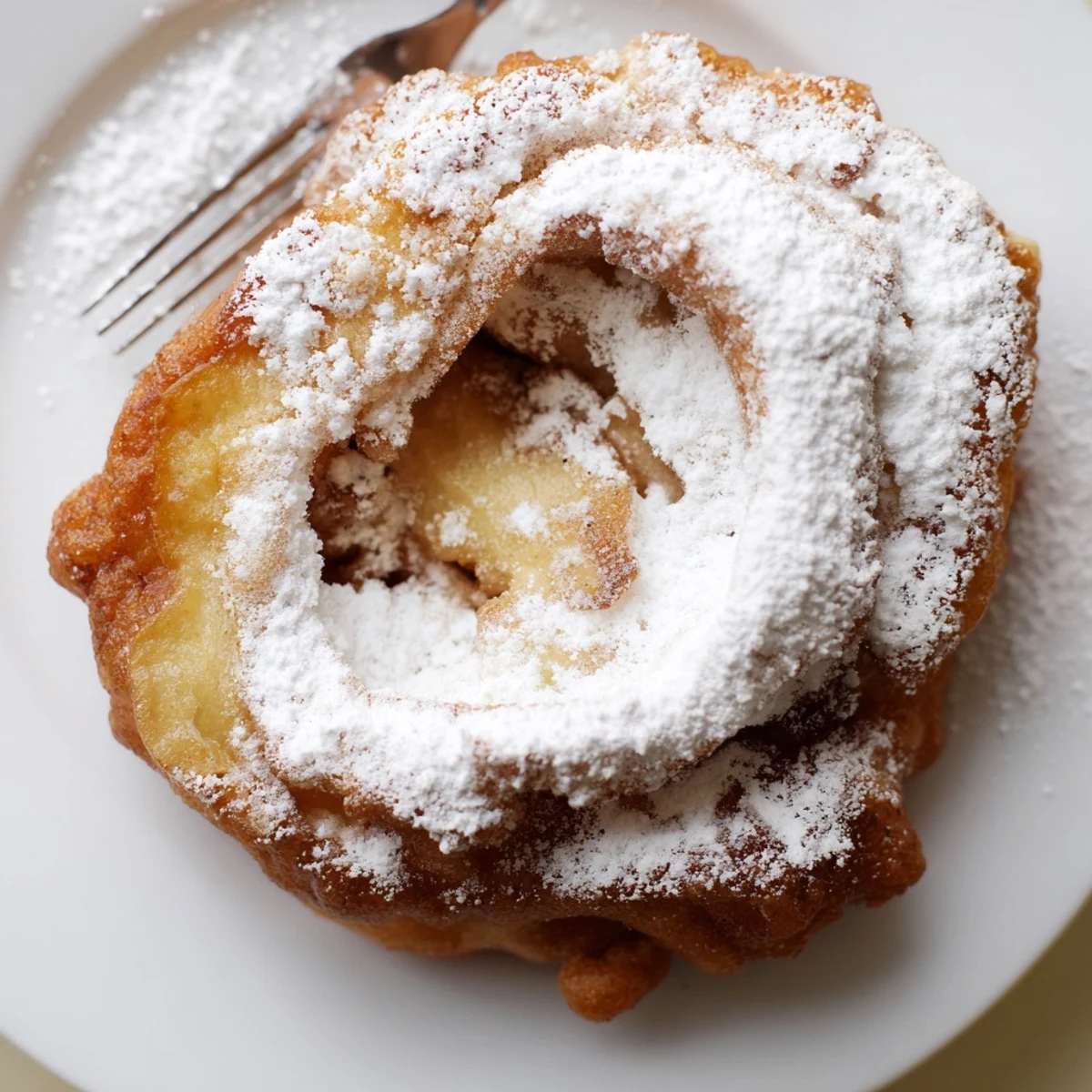Zarte und fluffige deutsche Apfelküchle, mit Puderzucker bestäubt, perfekt für Dessert.