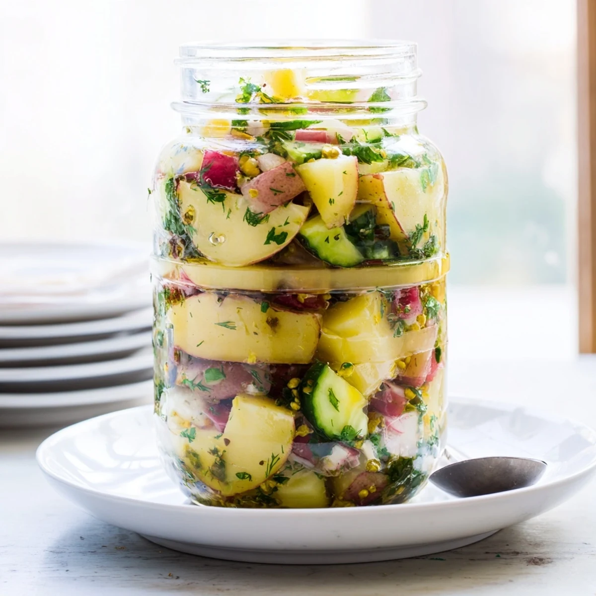 Genießen Sie erfrischende German Potato Salad Jars, ideal für Picknicks und Meal Prep.  
