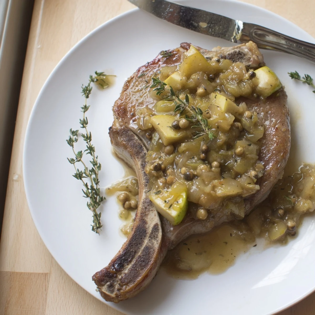 Zarte Schweinekoteletts perfekt gebraten, begleitet von süß-saurer Apfel-Senf-Sauce.