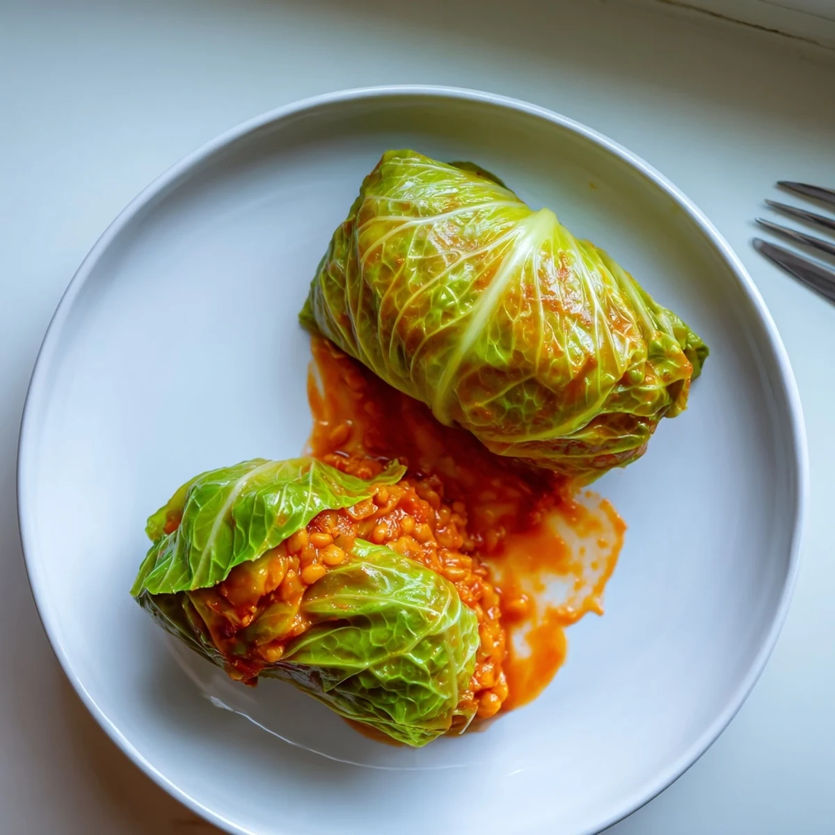 Vegetarische Kohlwickel mit aromatischem, herzhaftem Füllungs-Mix und dampfender Sauce.  