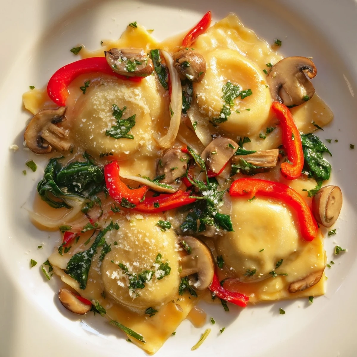Herzhaftes Maultaschen Skillet mit buntem Gemüse und frischen Kräutern servieren.   