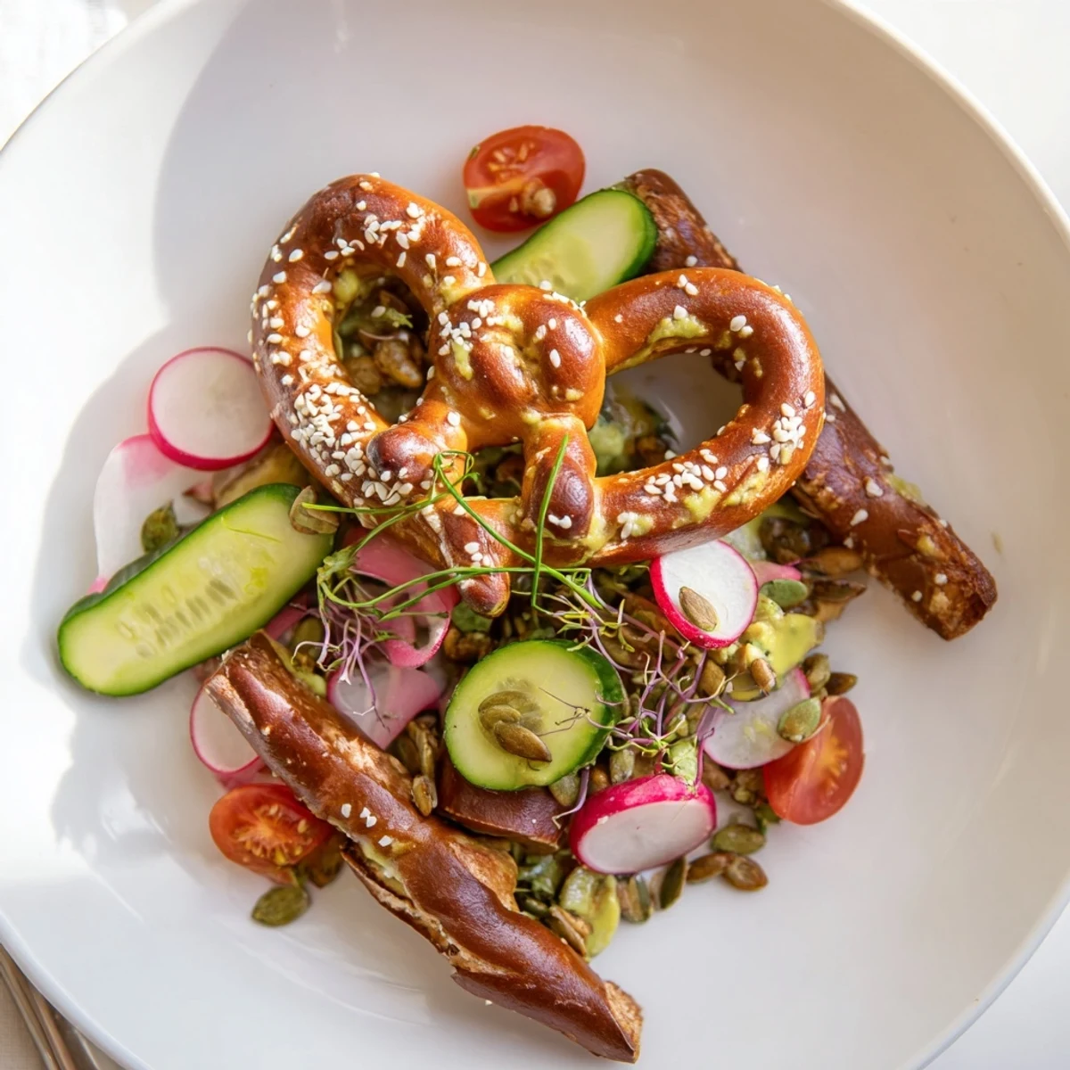 Köstlicher Bayerischer Brezelsalat, perfekt gewürzt mit senf-basiertem Dressing und frischen Kräutern.  