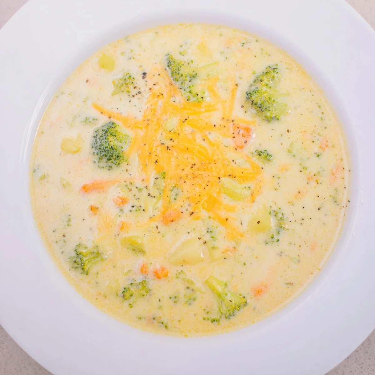 Rich and delicious creamy broccoli and cheese soup, perfect for a cozy, comforting American dinner.