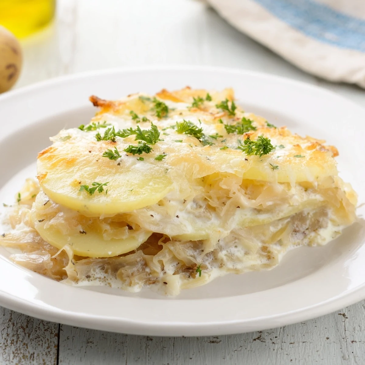 Delicious, vegetarian Effortless Sauerkraut Casserole, layered with potatoes and topped with melted Swiss cheese.