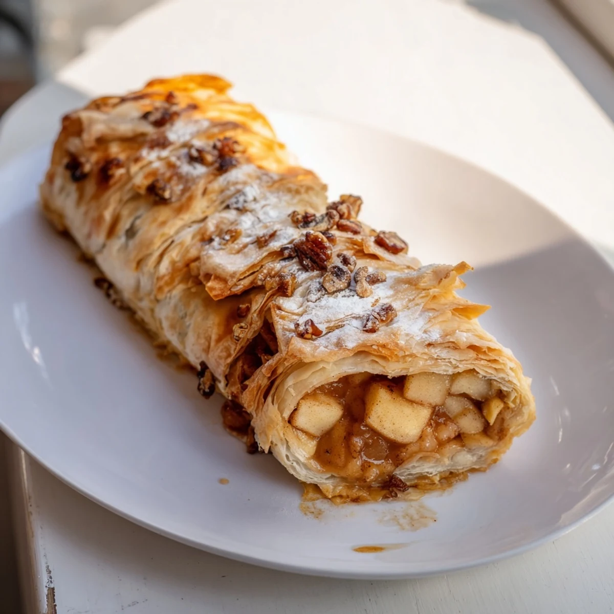 Golden, oven-baked Apple Strudel Rolls, a dessert with cinnamon-spiced apple filling and dusted with powdered sugar.