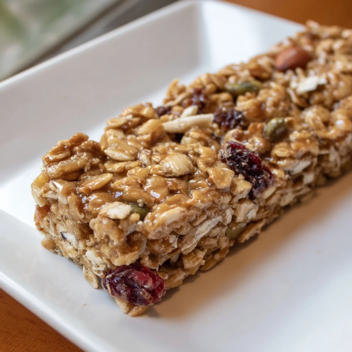 Sweet and chewy homemade oat & honey granola bars, a delicious snack with visible nuts and berries.