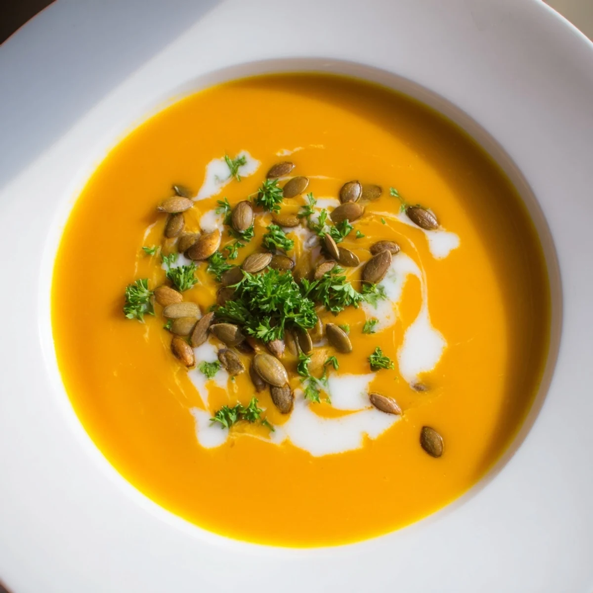 A bowl of warm pumpkin soup, velvety smooth, next to toasted bread slices for dipping.