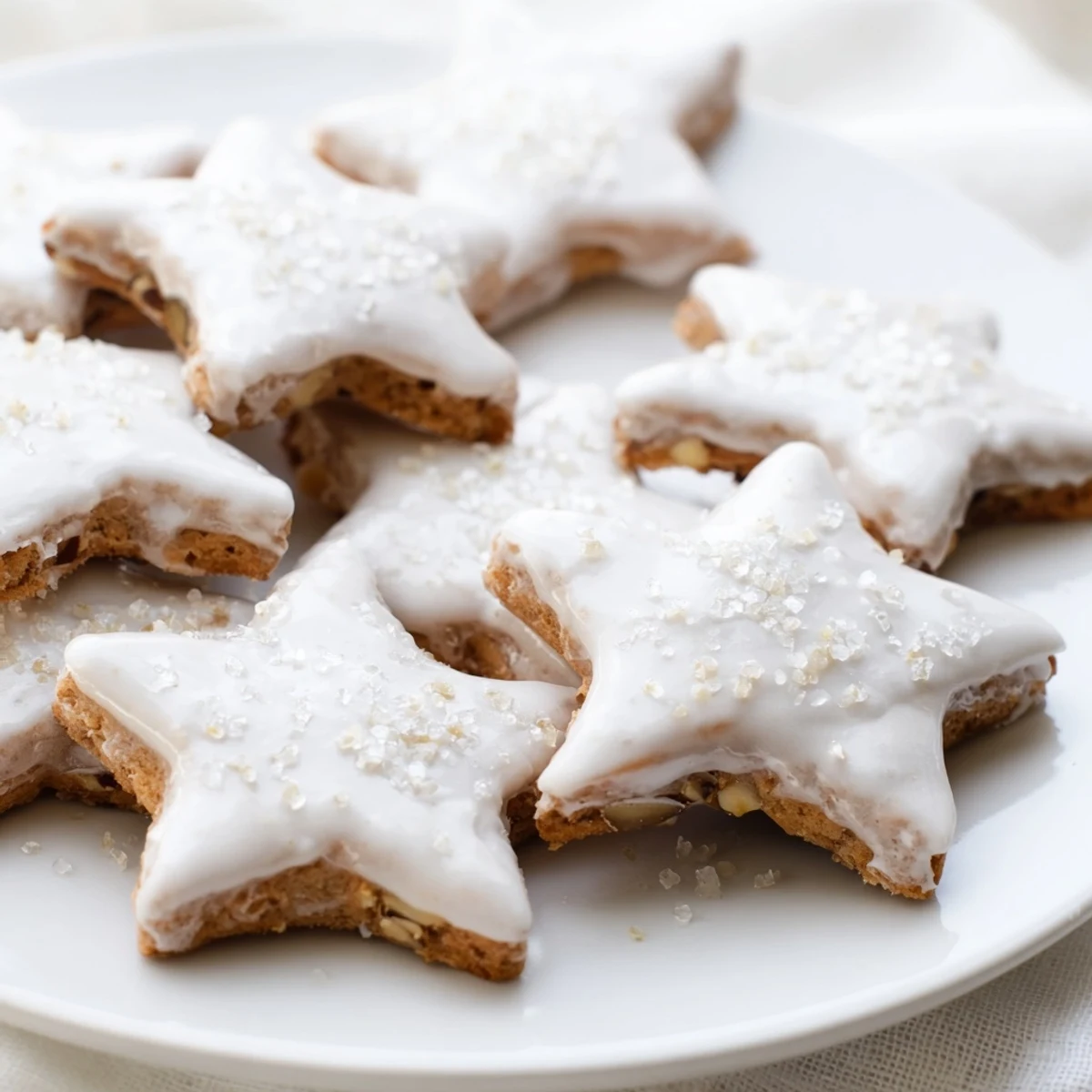Golden, frosted Cinnamon Stars cookies on a baking sheet, ready for a festive holiday treat.