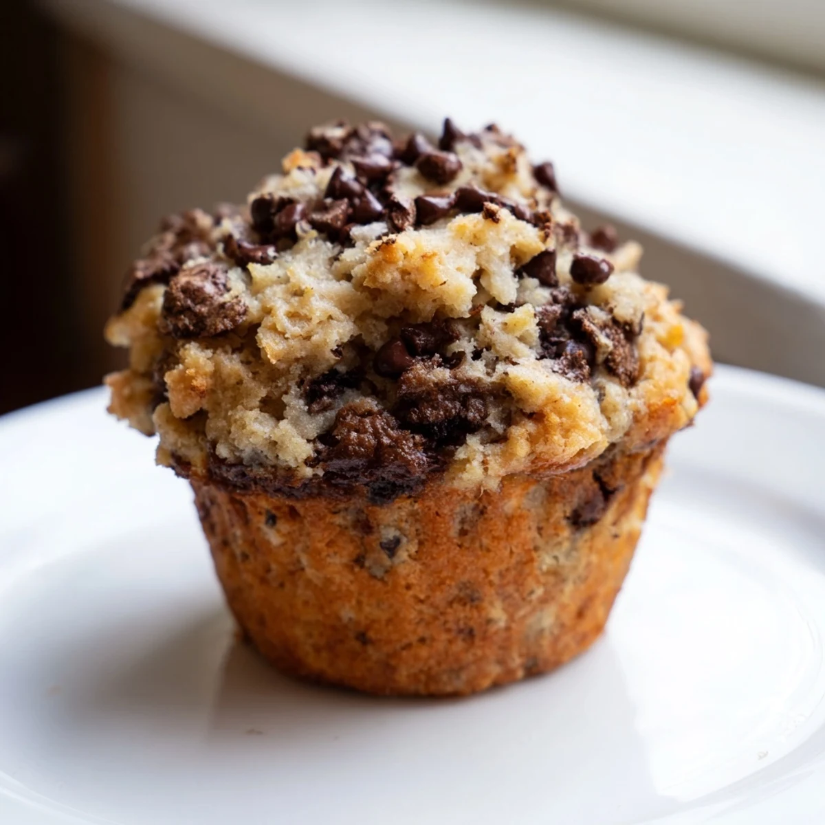 Warm banana chocolate muffins fresh from the oven, perfect for a cozy afternoon snack.