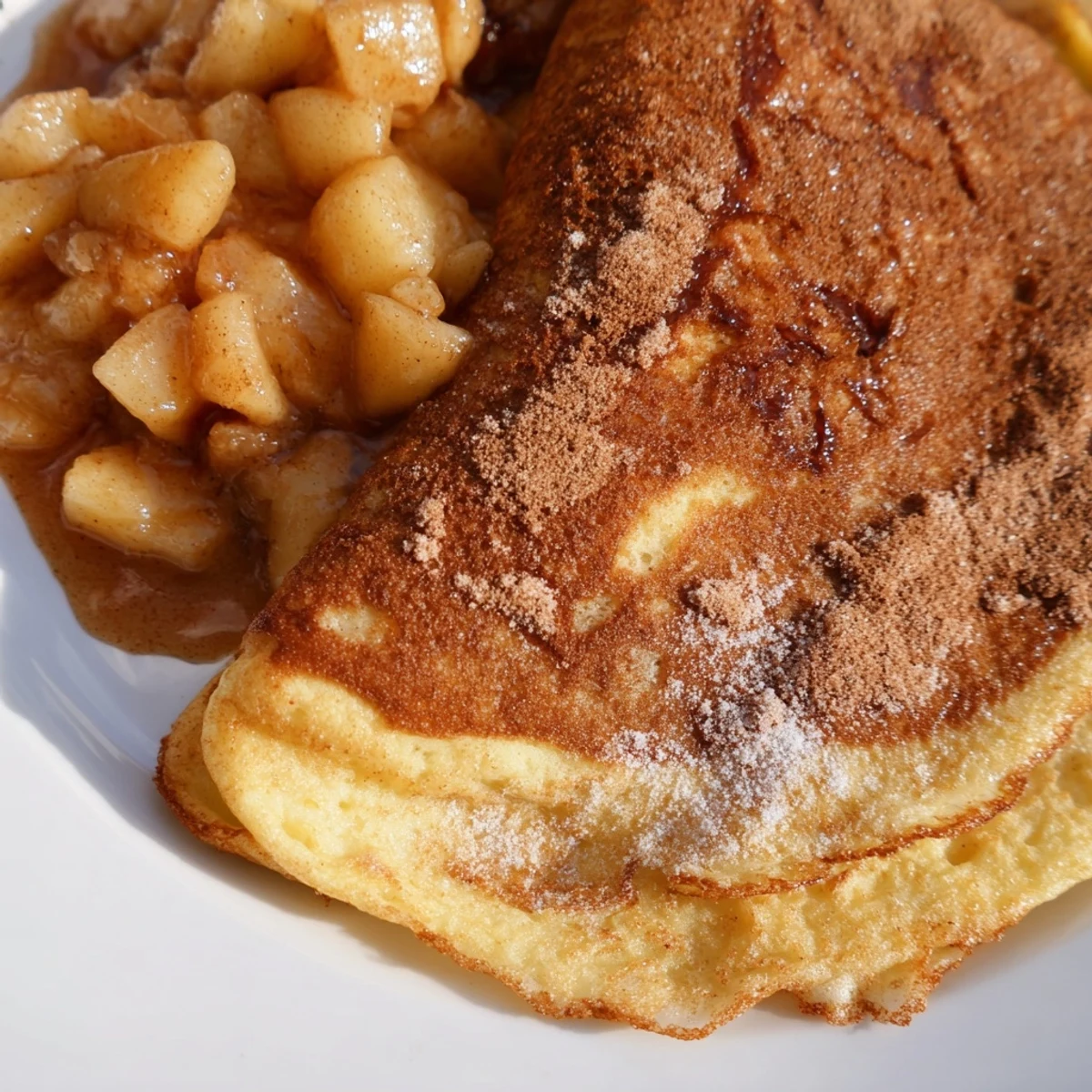Golden fried Quarkkeulchen, served warm with homemade apple compote, perfect for breakfast.