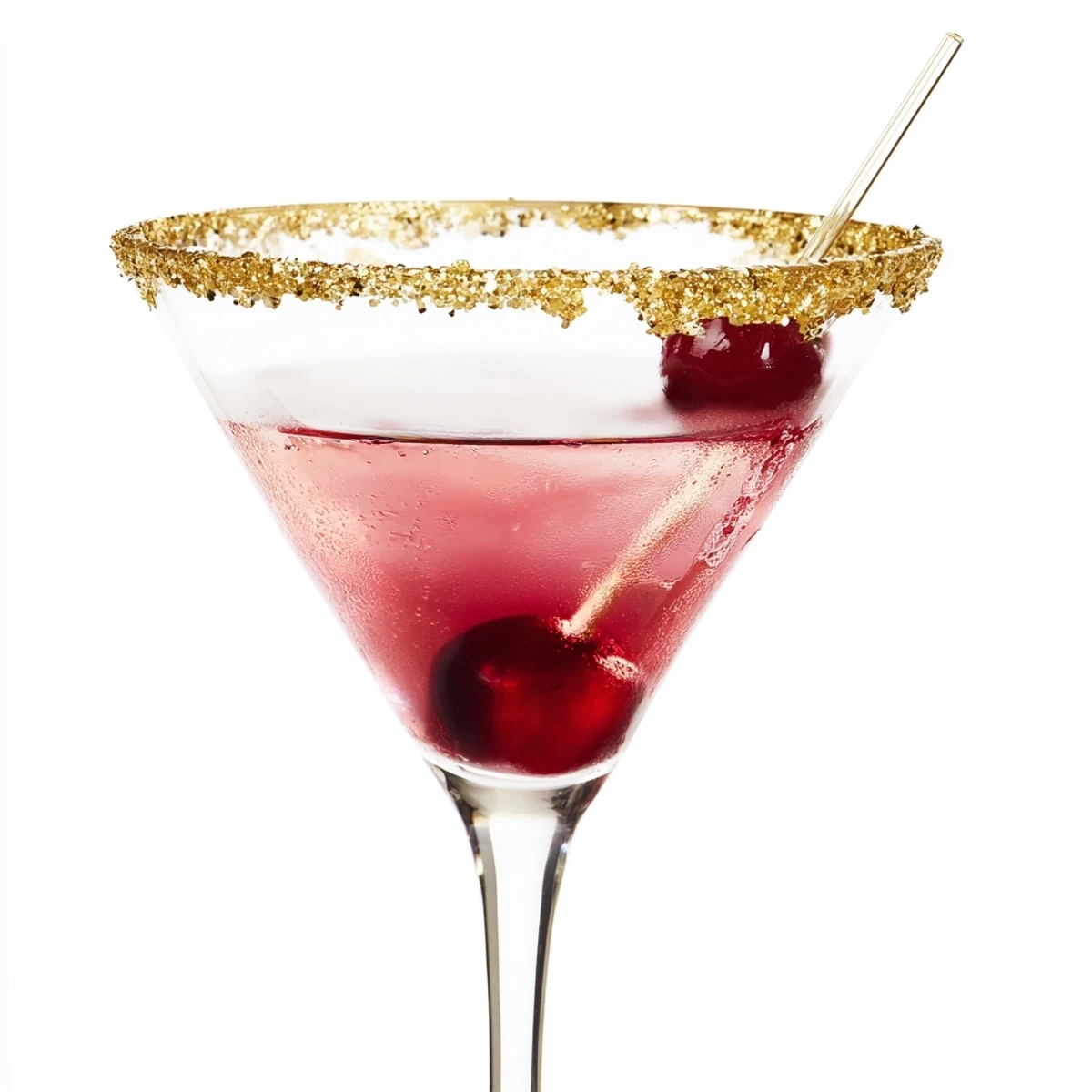 A gold-rimmed Rococo Kirsch Martini, elegantly garnished with a bright red maraschino cherry.