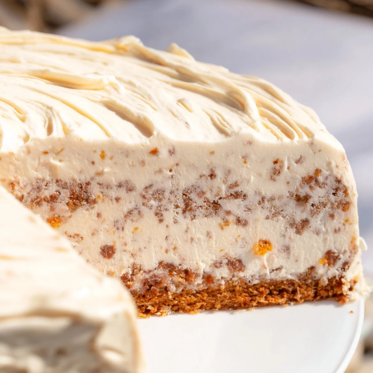 A slice of Lebkuchen cheesecake with cinnamon frosting, ready to be enjoyed!