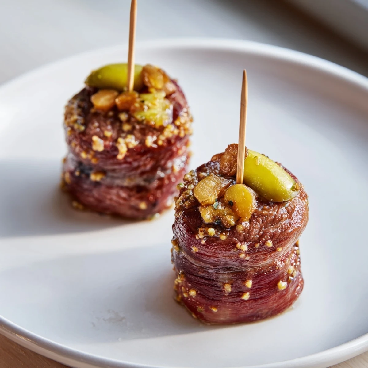 A close-up shows tender Mini Rouladen with mustard, pickles, and bacon, a delicious German appetizer.