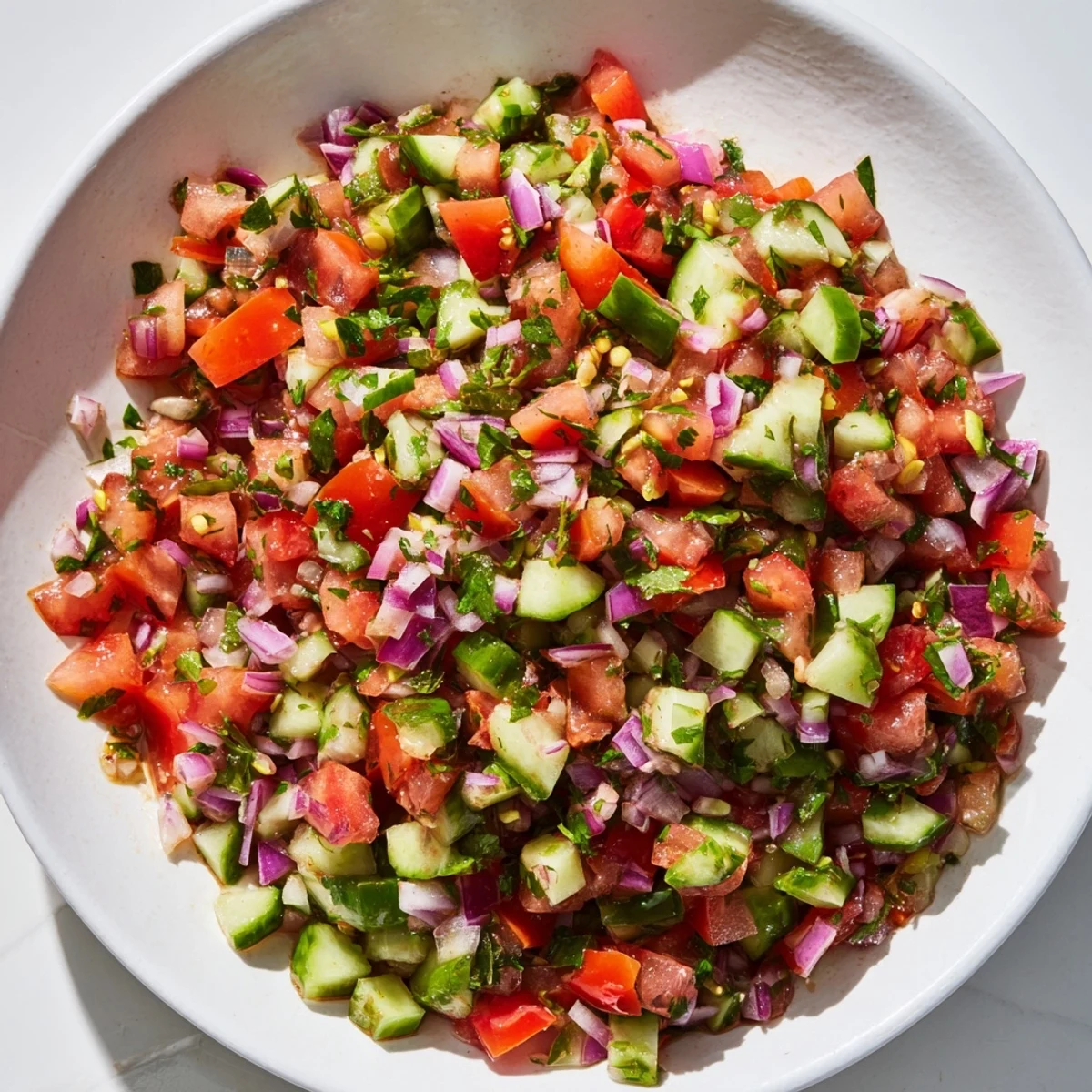 Vibrant pickled cucumber pico de gallo, loaded with fresh cilantro and lime, ready to serve.