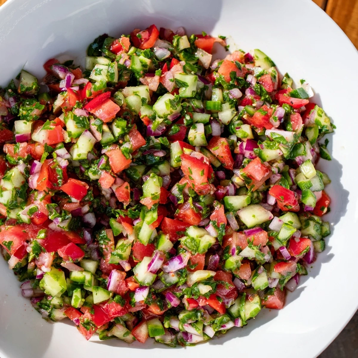 Colorful close-up of pickled cucumber pico de gallo featuring diced tomatoes and red onion, ideal for tacos.