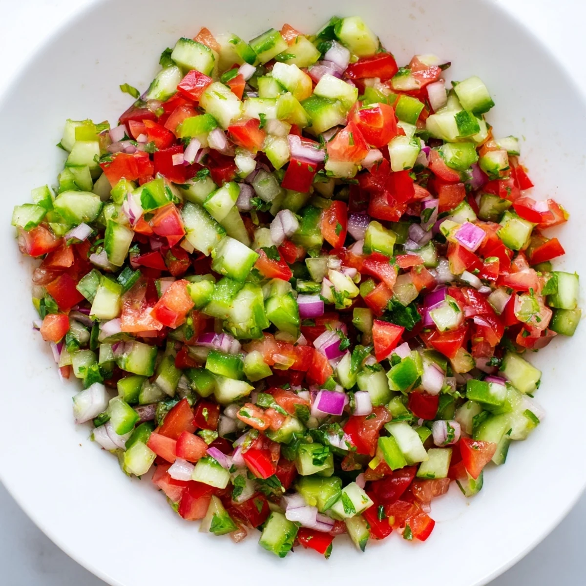 Tangy pickled cucumber pico de gallo, a refreshing salsa with a generous serving of lime juice.