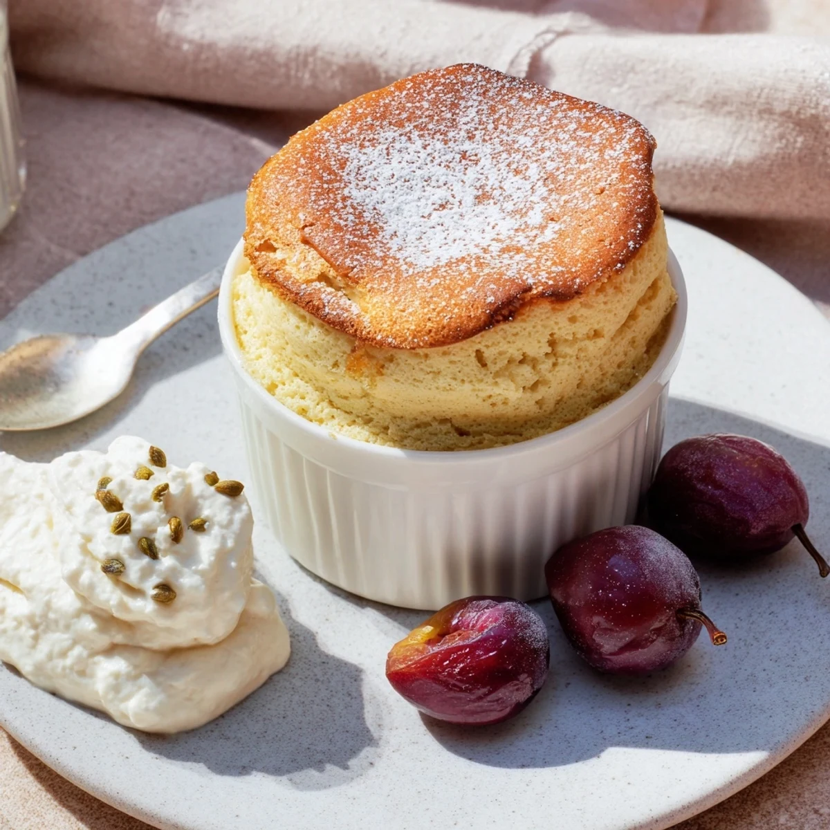 Light and fluffy Mulled Wine Soufflé, served warm with spiced plums and vanilla cream.