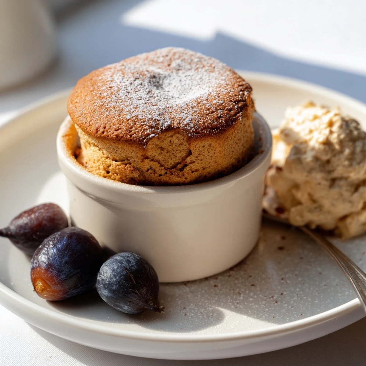 Delicious, airy Mulled Wine Soufflé, perfect for a cozy dessert with seasonal plums.