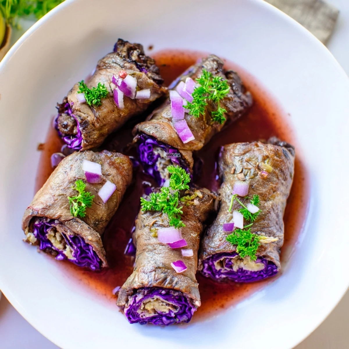 Close-up of Sauerbraten Roulades showing tender beef, red cabbage twist, and elegant plating details.