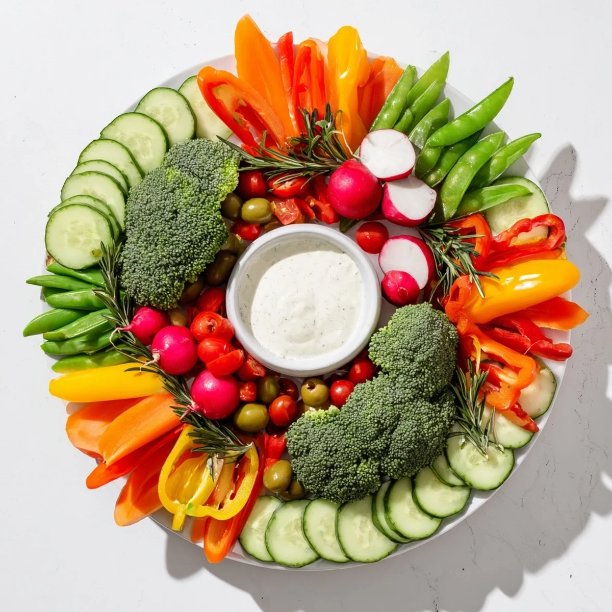 Festive Wreath Veggie Dip Platter featuring fresh, colorful vegetables and creamy ranch dip, perfect for parties.