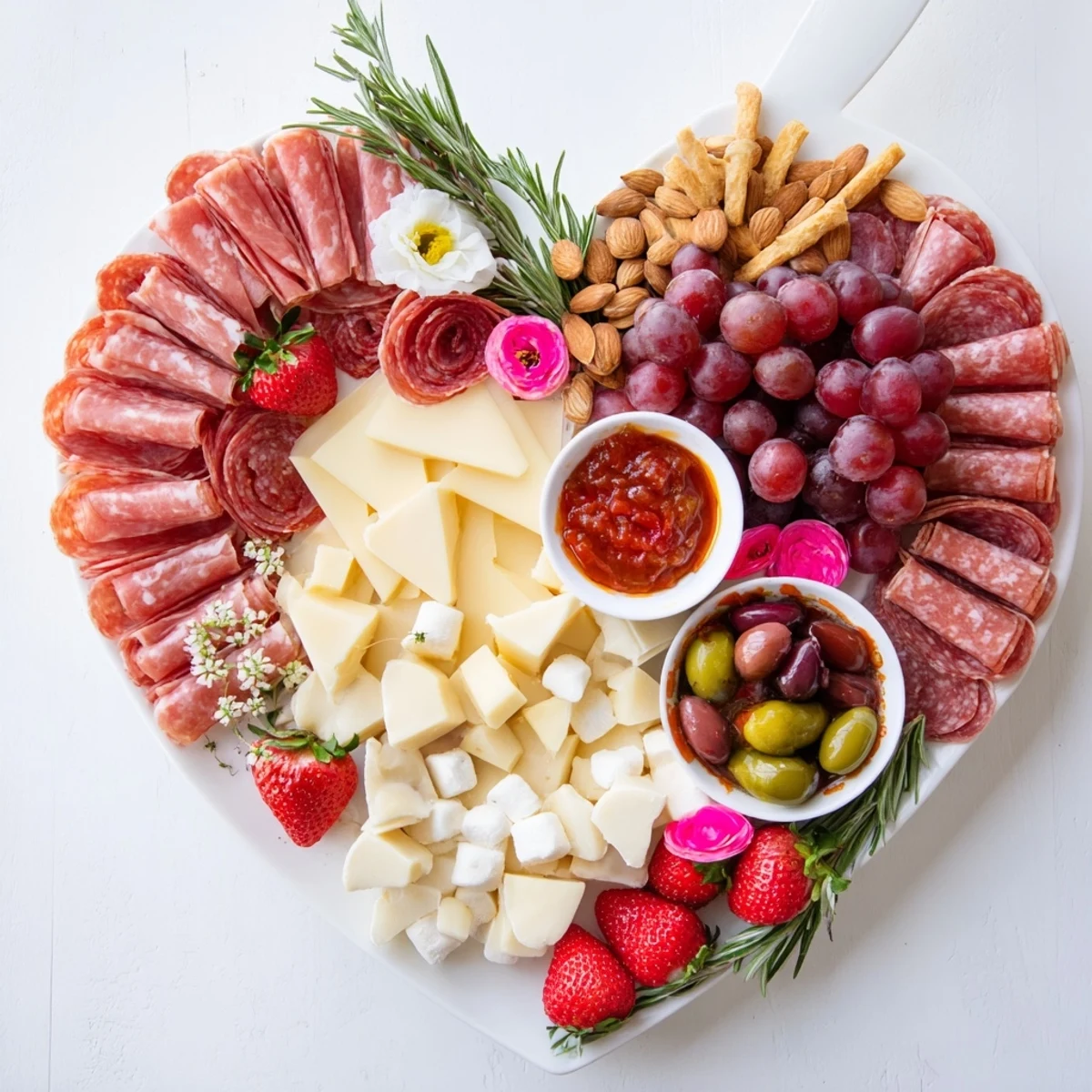 Delightful heart-shaped charcuterie board overflowing with cheeses, meats, and fresh fruits for appetizer bliss.
