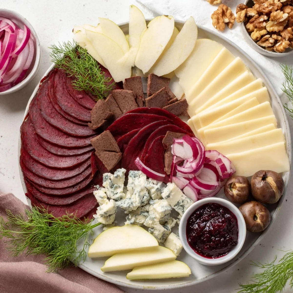 A beautiful Reindeer Charcuterie Platter with a variety of meats, cheeses, and delicious accompaniments.