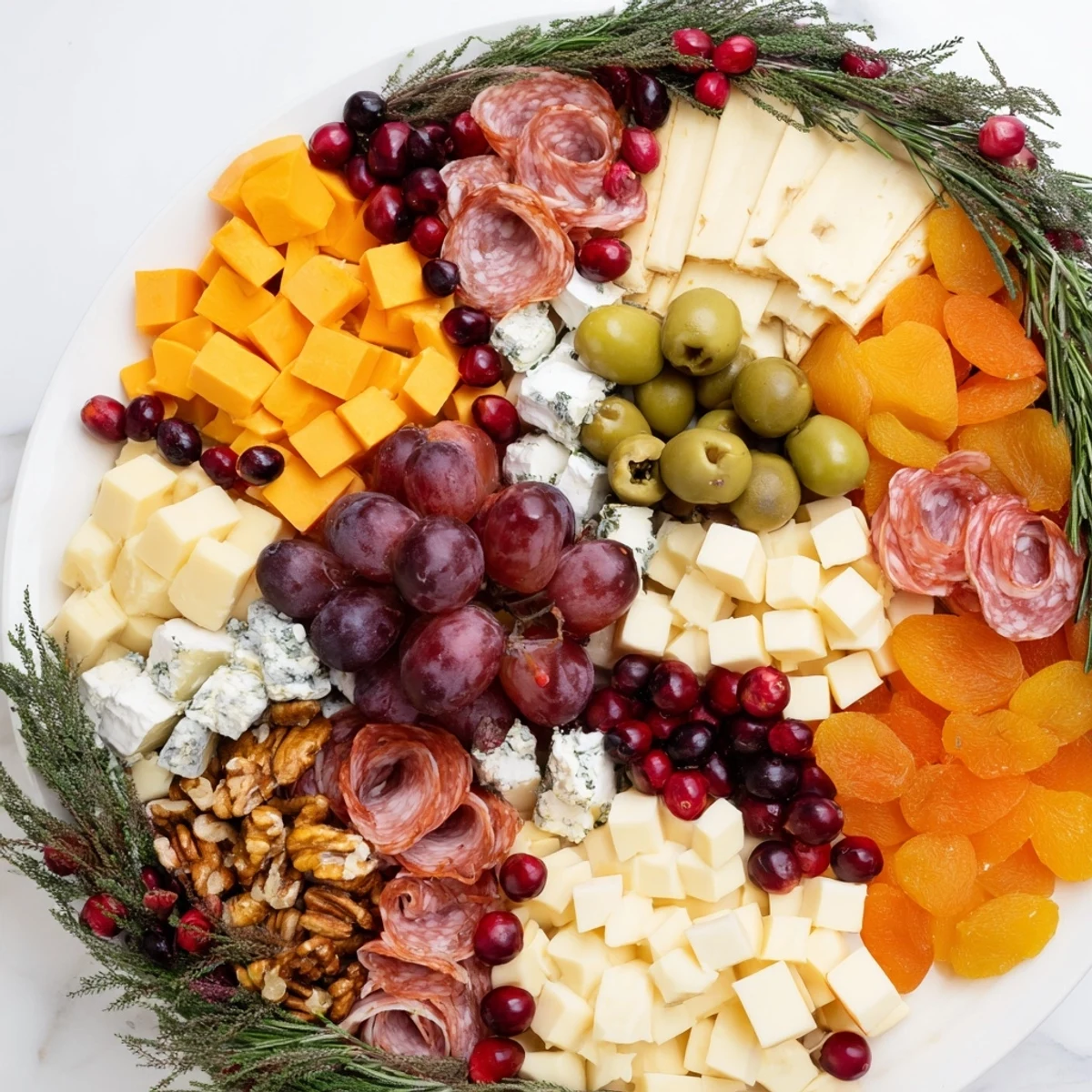 Festive Holiday Wreath Cheese Platter, boasting an array of cheeses, fruits, and meats perfect for entertaining.