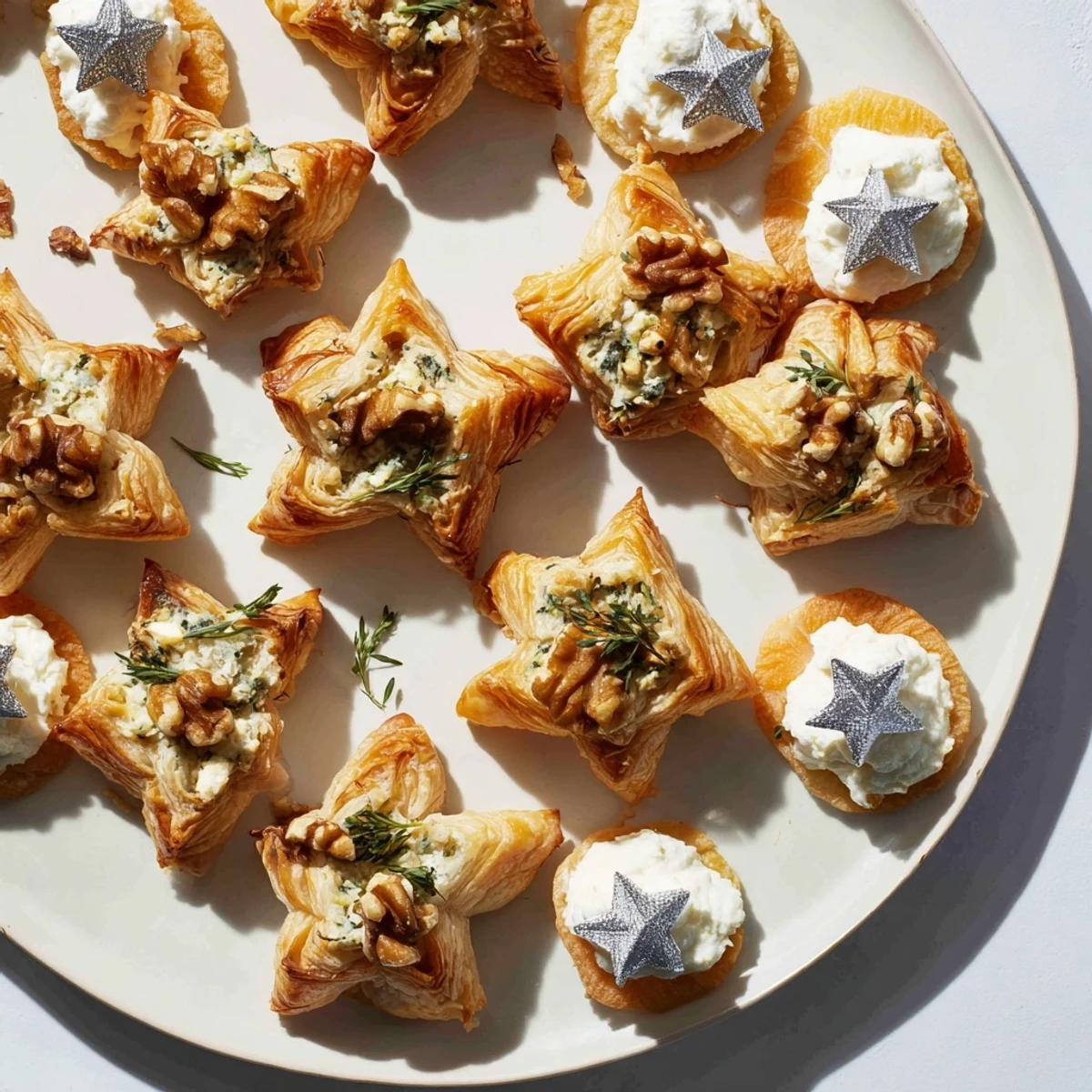 Gold-dusted Midnight Blueberry & Brie Crostini and Starry Night New Years Appetizers, perfect for a celebration.