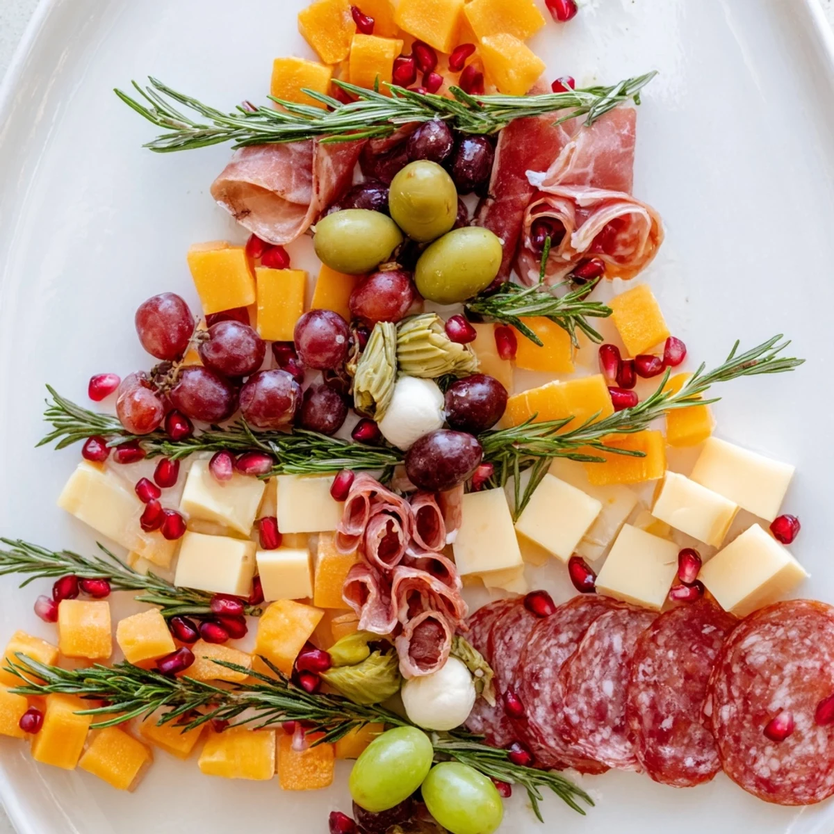 Beautifully arranged Christmas Tree Charcuterie Dream with colorful fruits and savory cured meats, ready to serve!