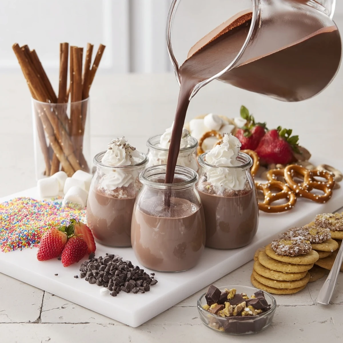 Cozy Bear Hot Cocoa Board loaded with marshmallows, chocolate shavings, and fresh strawberries, ready to enjoy.