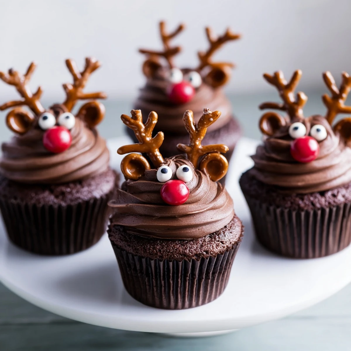 Holiday gathering delight: Delicious reindeer cupcakes with gingerbread antlers on the dessert platter.