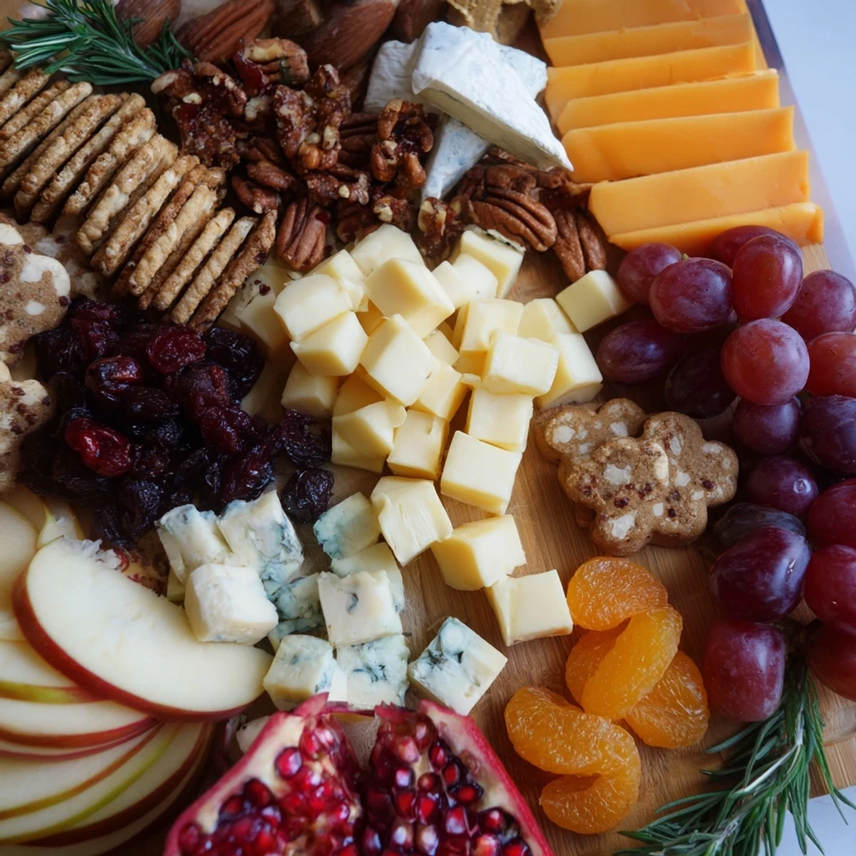 Festive Winter Wonderland Snack Board loaded with cheeses, fruits, and crackers perfect for sharing.