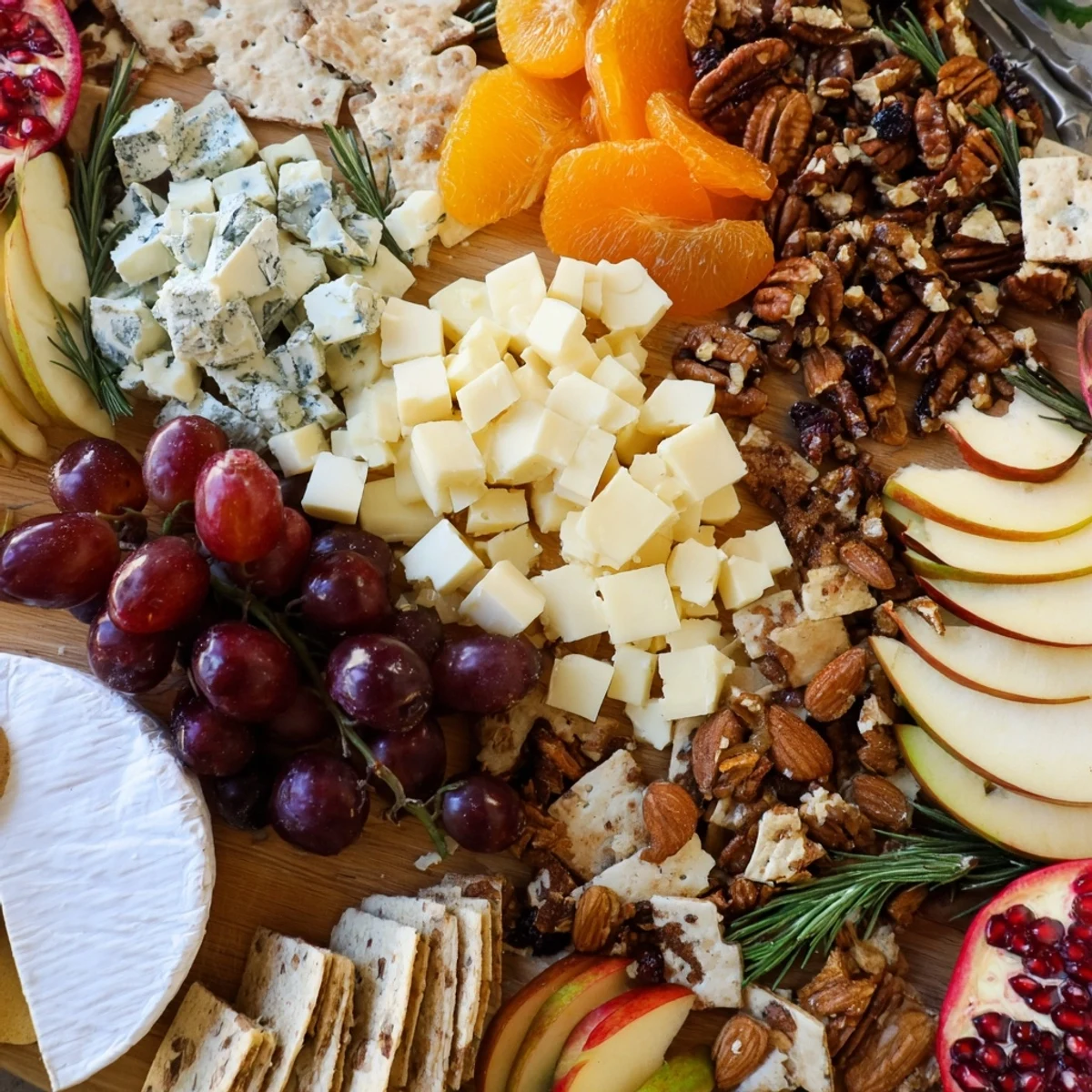 Close-up of a beautifully arranged Winter Wonderland Snack Board with gingerbread and pomegranate seeds.