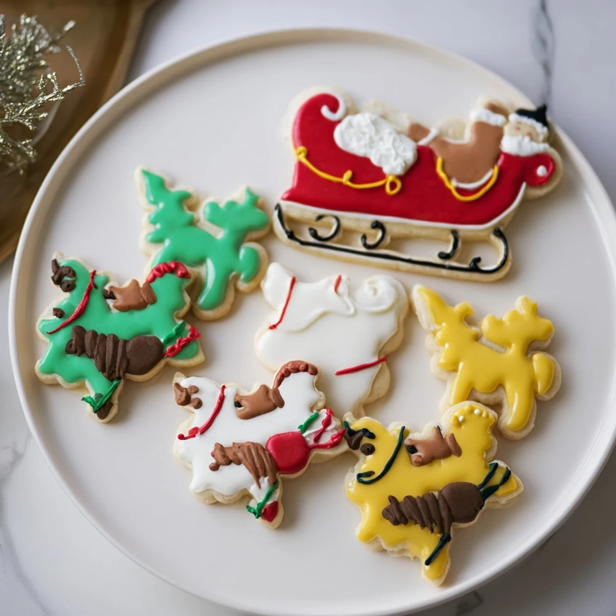 A festive Santas Sleigh Cookie Display filled with colorful decorated sugar cookies, perfect for Christmas.