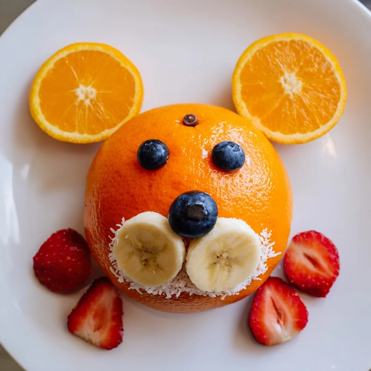 Orange Slice Bear Face fruit board arranged with fresh oranges, bananas, and strawberries, a fun snack idea.