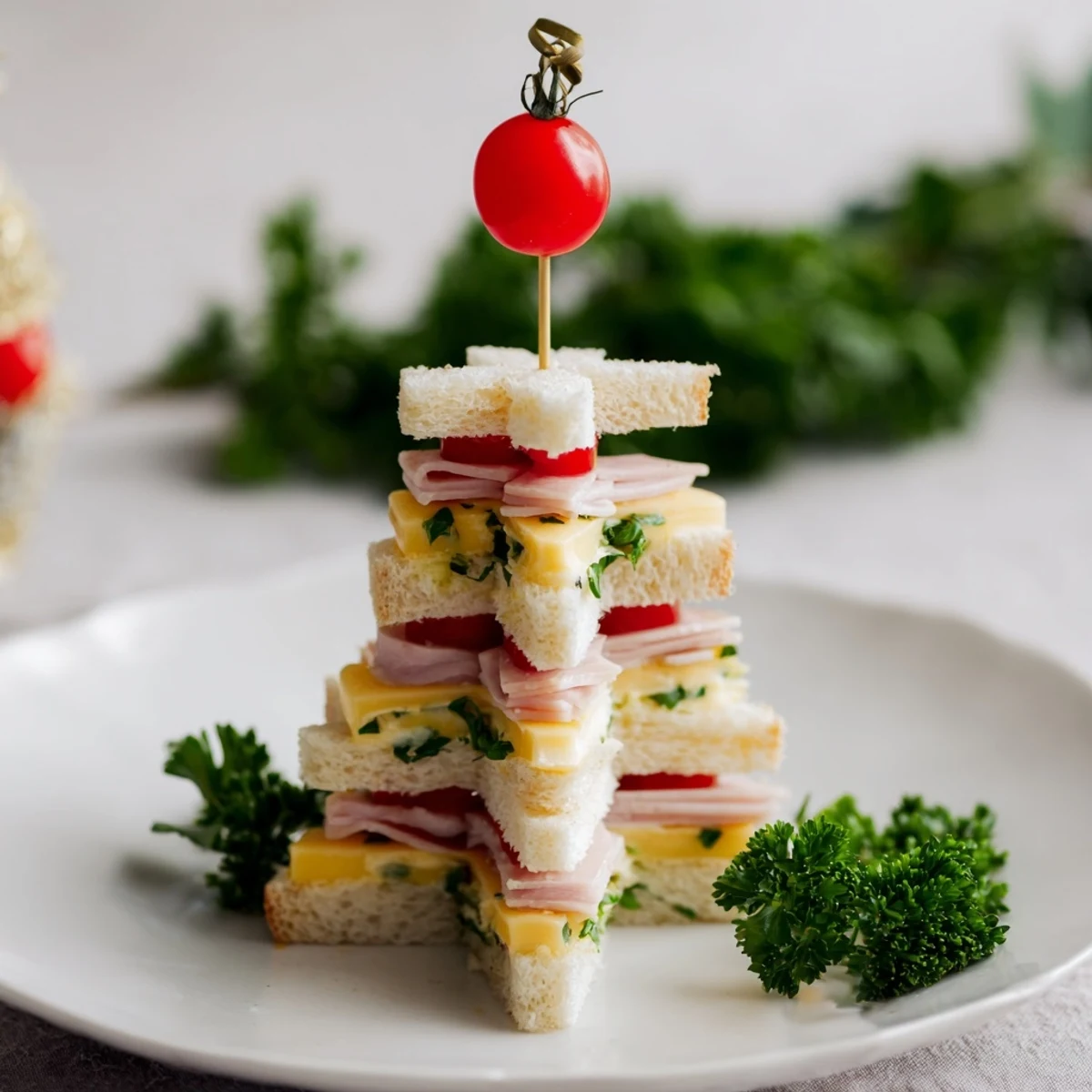 Mini Sandwiches: Ham and Cheese Christmas Tree Towers arranged for a festive holiday appetizer on a serving platter.