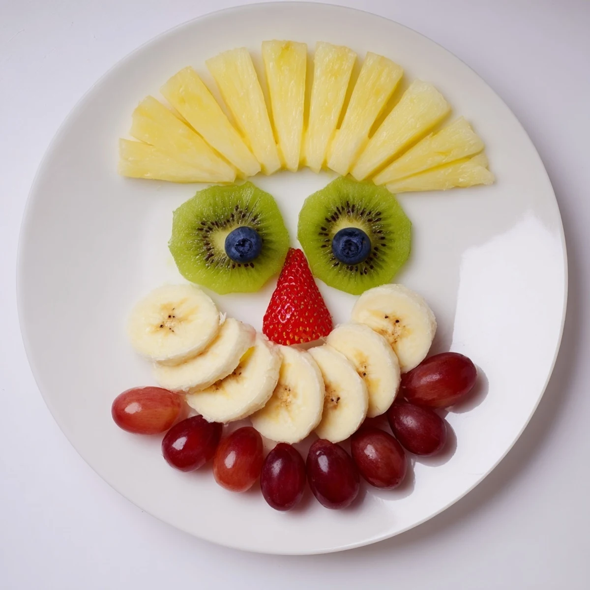 Festive Santa fruit platter with a juicy pineapple beard and vibrant red grapes.