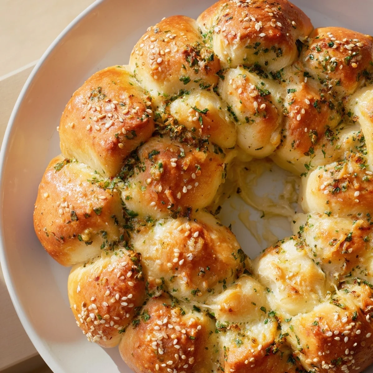Warm, golden Festive Pull-Apart Bread Wreath, a savory herb and cheese holiday centerpiece for sharing.