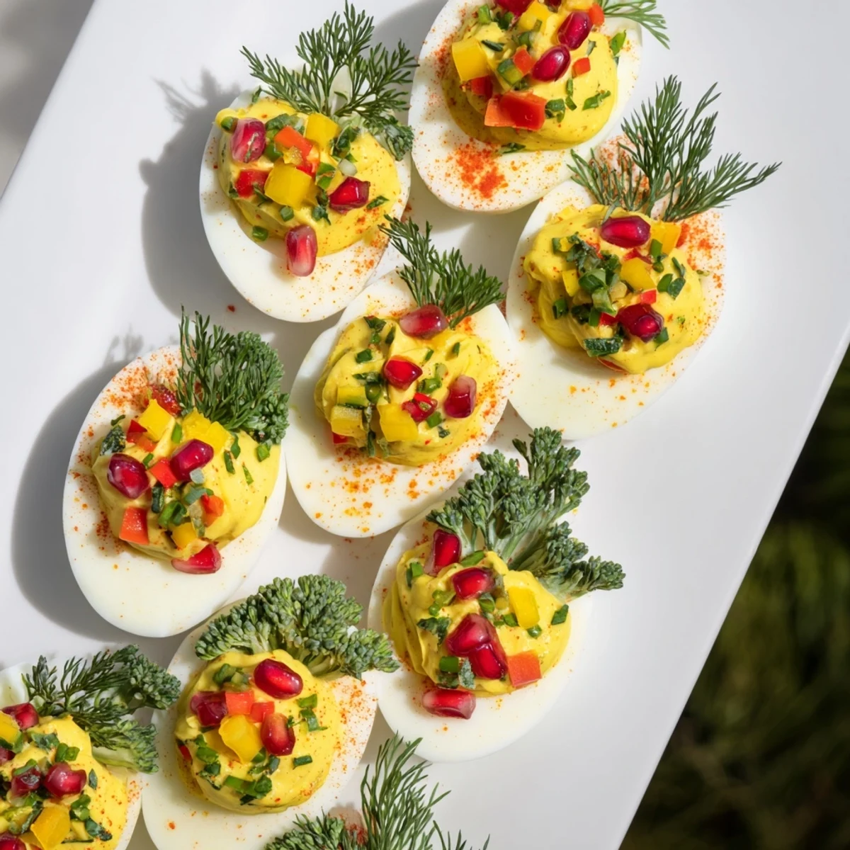 Festive Christmas tree deviled eggs platter features colorful bell peppers and fresh herbs.