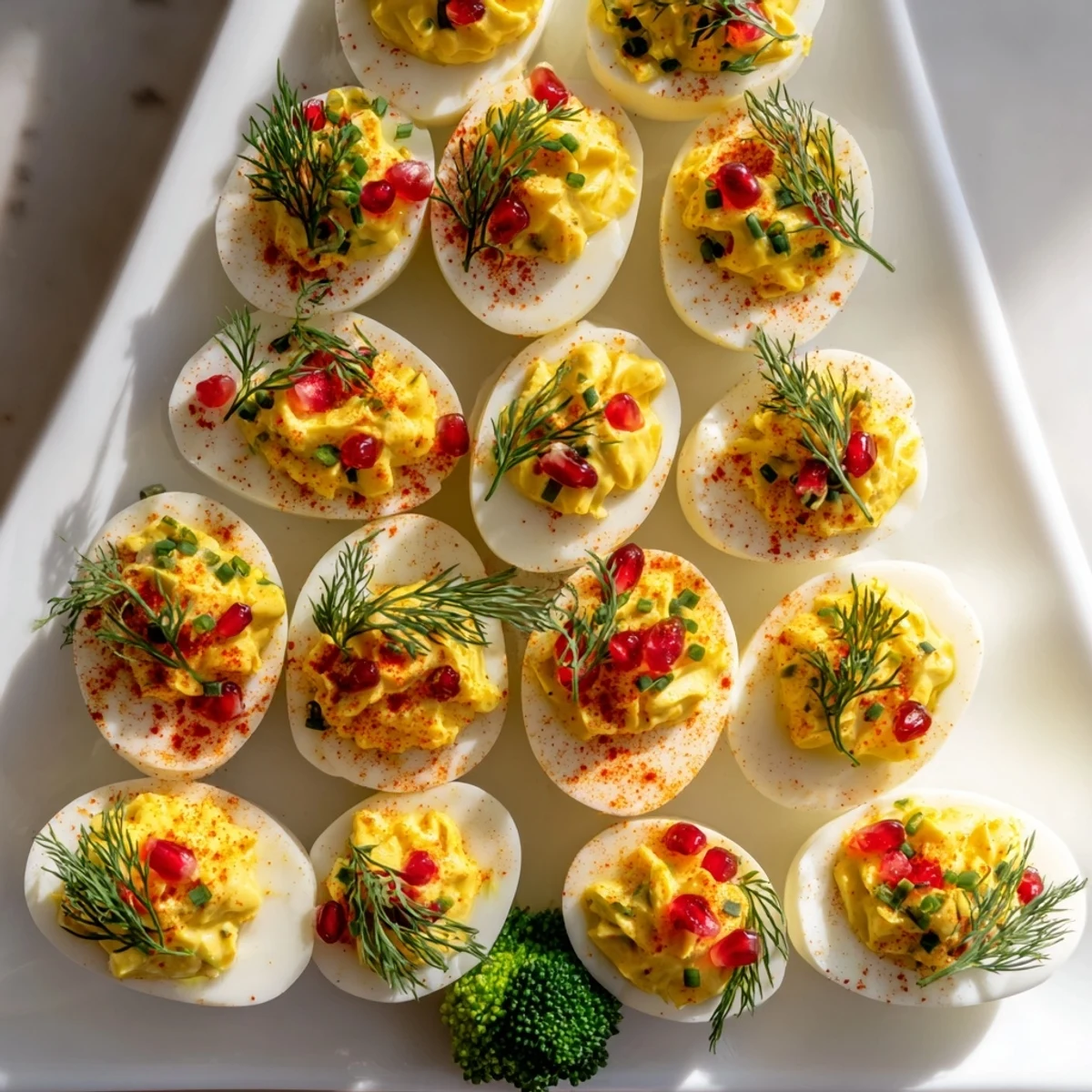 A beautifully arranged platter of Christmas Tree Deviled Eggs, perfect for a holiday party appetizer.