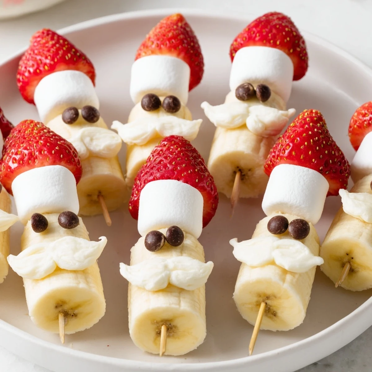 Festive Banana Strawberry Santa Skewers, a delightful holiday snack with banana, strawberry, chocolate, and marshmallow.