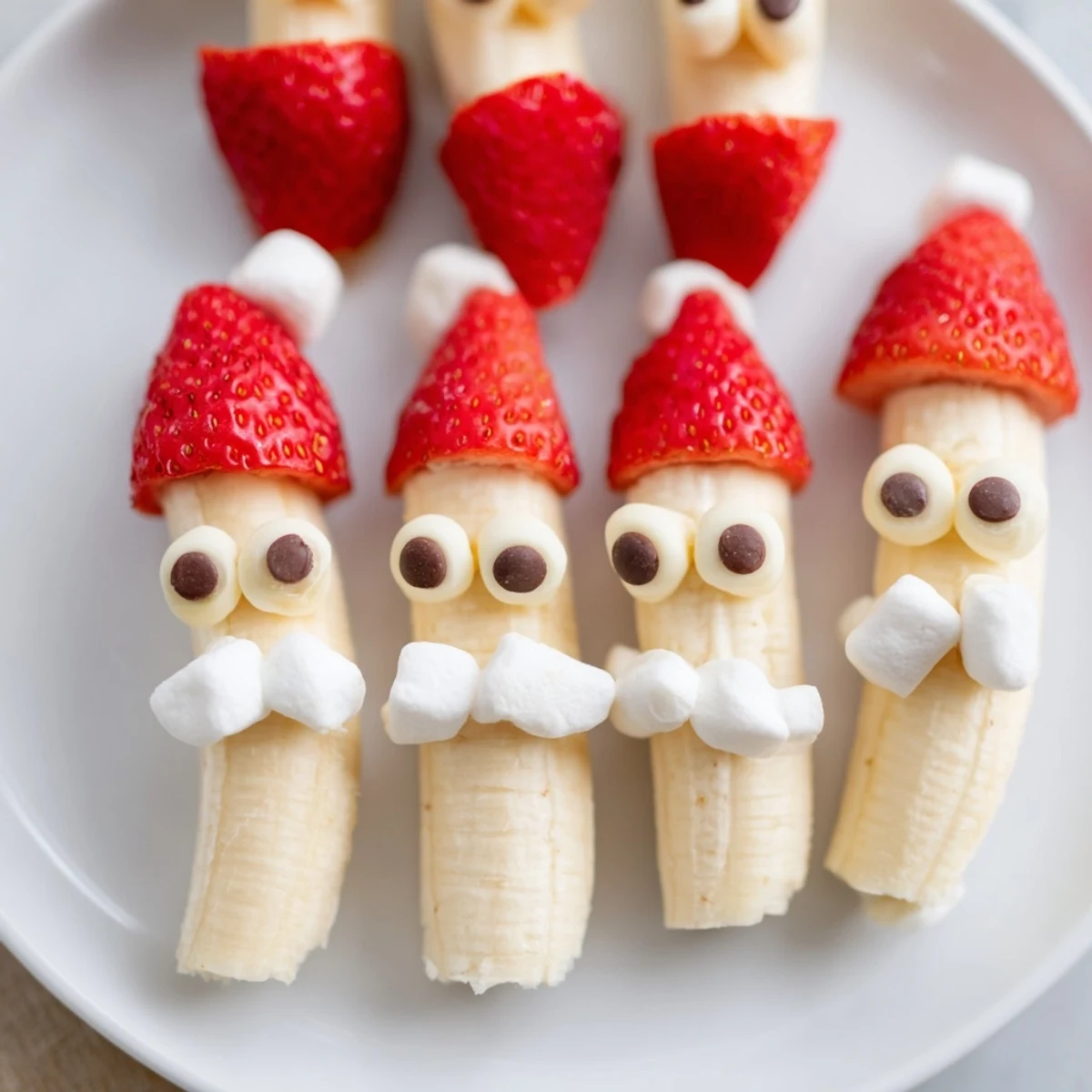 Cute and colorful Banana Strawberry Santa Skewers ready to eat, featuring fresh banana and sweet strawberries.