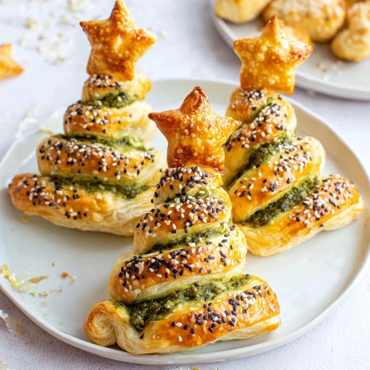 Savory puff pastry Christmas tree, twisted with branches, ready to serve for a festive appetizer.