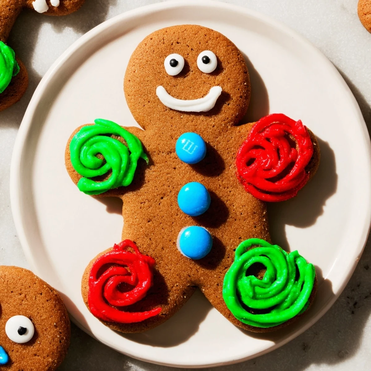 Kreative DIY Gingerbread People auf einem festlichen Brett, dekoriert mit bunter Glasur und Süßigkeiten.