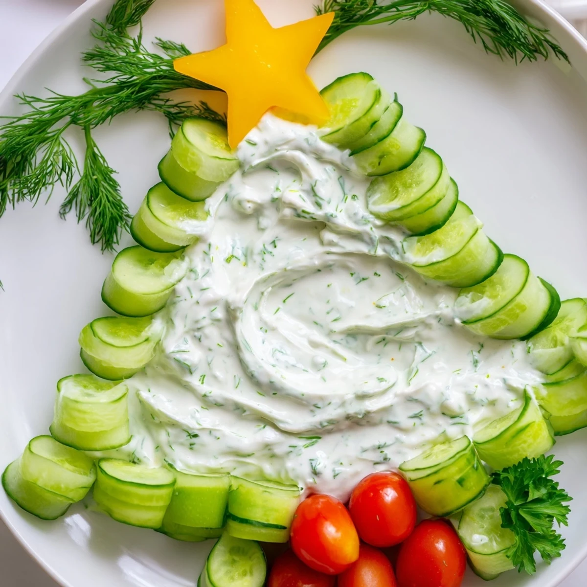 Vibrant Cucumber and Tomato Tree Dip Platter, a festive appetizer with creamy dip and fresh veggies.