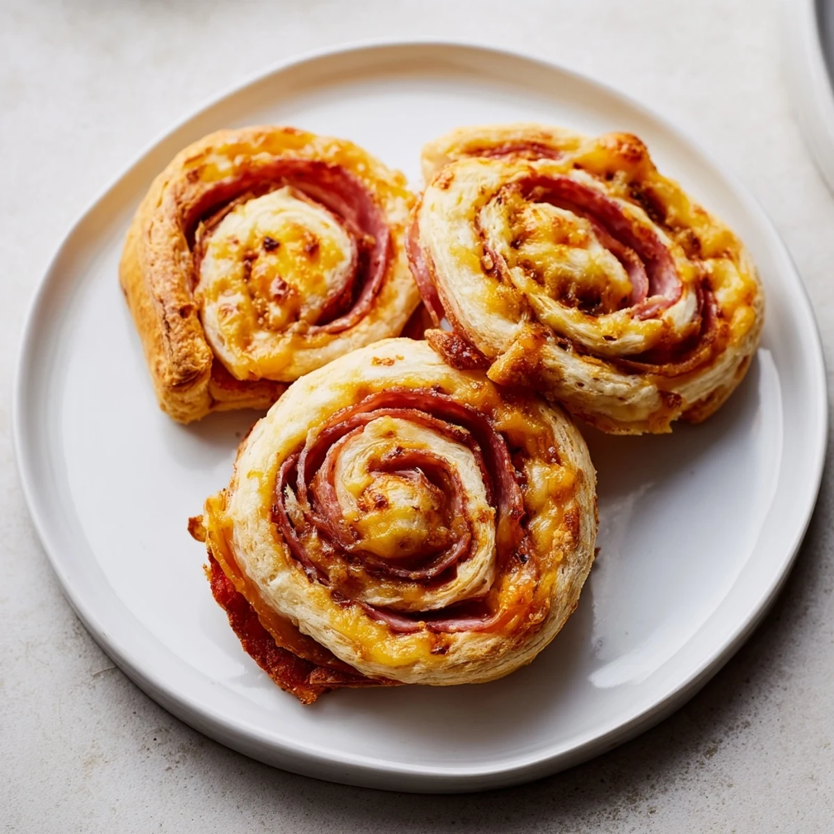 Close-up of flaky Sliced Cheddar and Salami Scrolls, showing the cheesy, salami filling and golden crust.