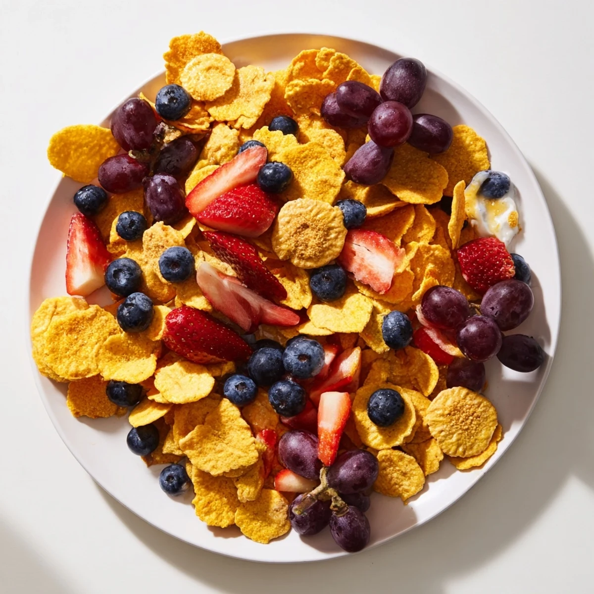 A vibrant pile of rainbow Goldfish crackers with colorful fruit, ready to snack on.