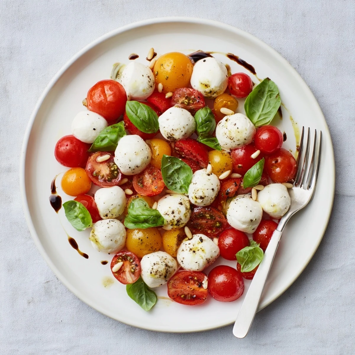 A close-up of a Cherry Tomato and Basil Ring appetizer, with fresh mozzarella and balsamic glaze.
