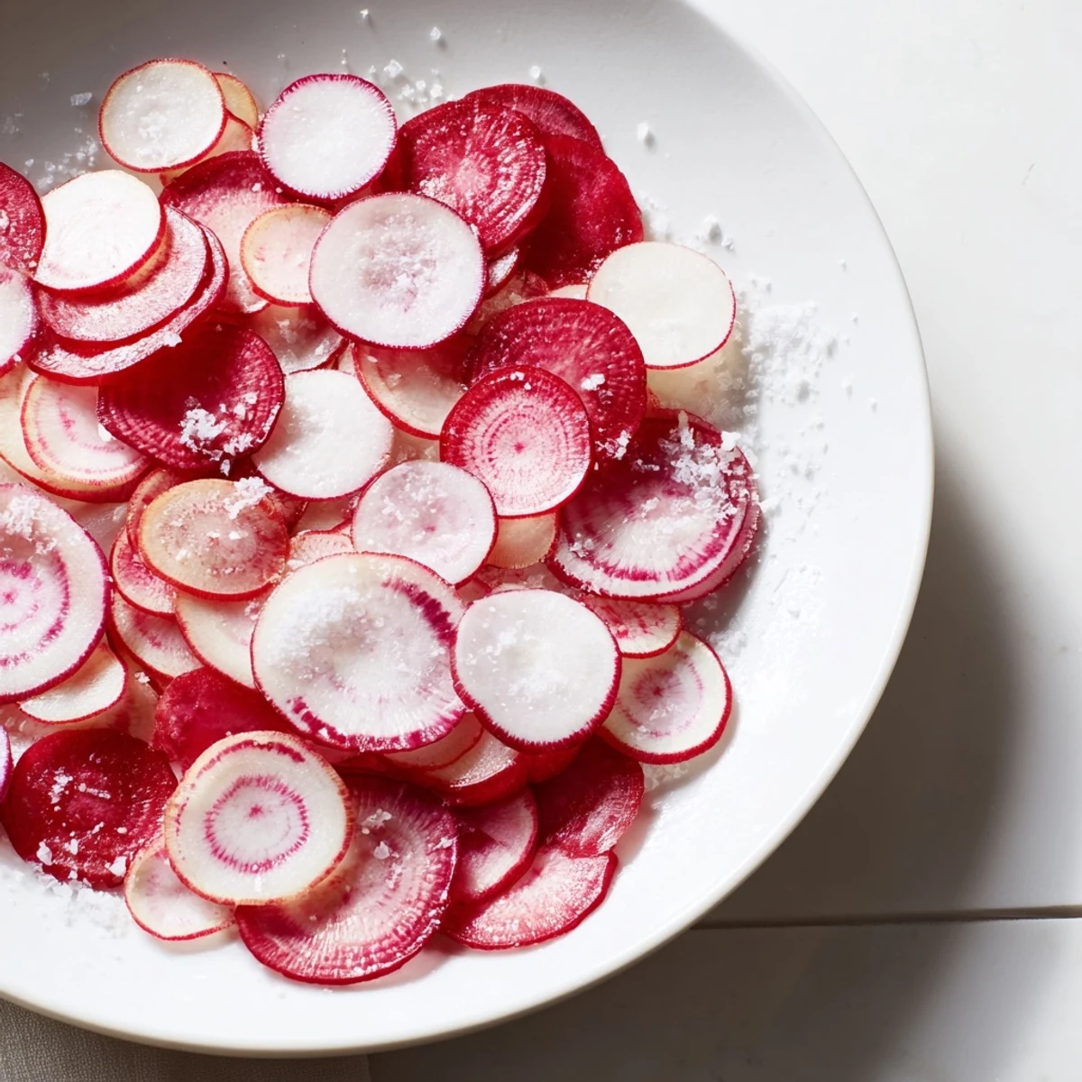 Knackige Radieschen Scheiben mit Meersalz, schmackhaft angerichtet als erfrischender Snack.