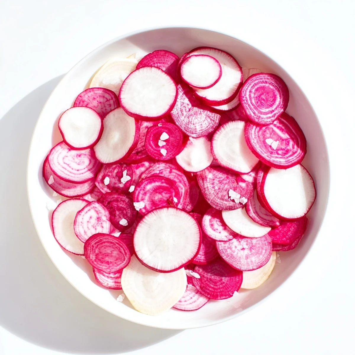 Ein Teller mit Radieschen Scheiben und Meersalz:  Ein schneller, einfacher Appetithappen.